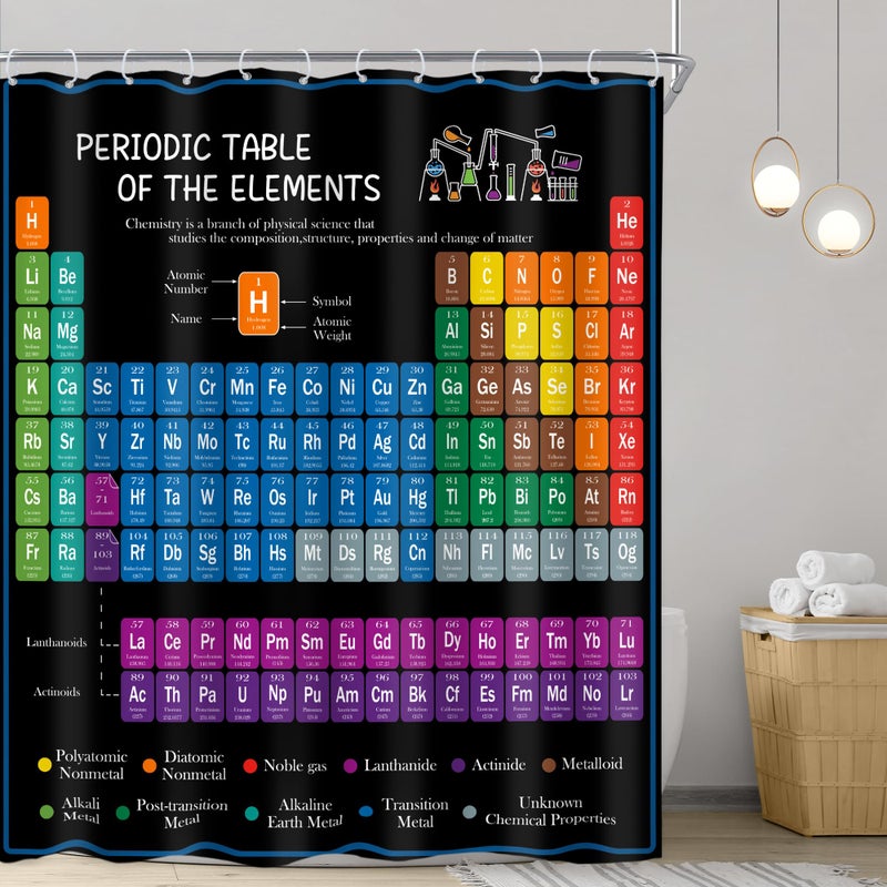 Riyidecor Periodic Table of Elements Shower Curtain Colorful Science Technology Kids Chemical School Student Waterproof Fabric Polyester Bathroom Decor Set 72x72 Inch 12 Pack Plastic Hooks - Image 2